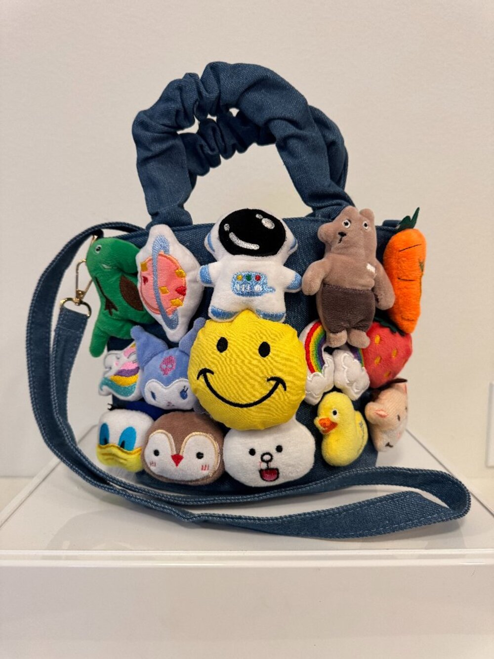 Y2K Style Kawaii Plush Charm Denim Crossbody Handbag Smiley Japanese Style Blue